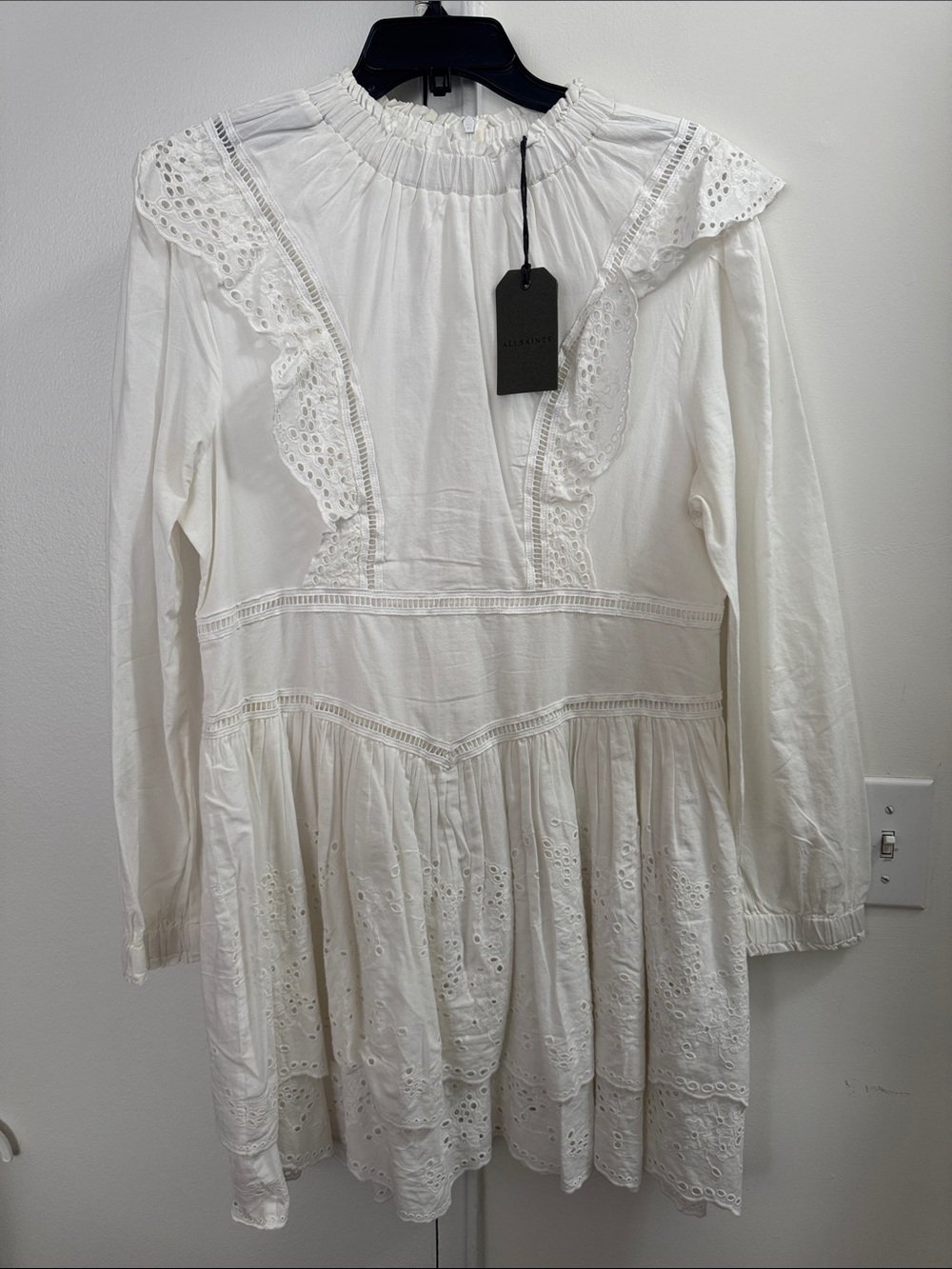 All Saints White Eyelet Lace Detail Top with Black Tag